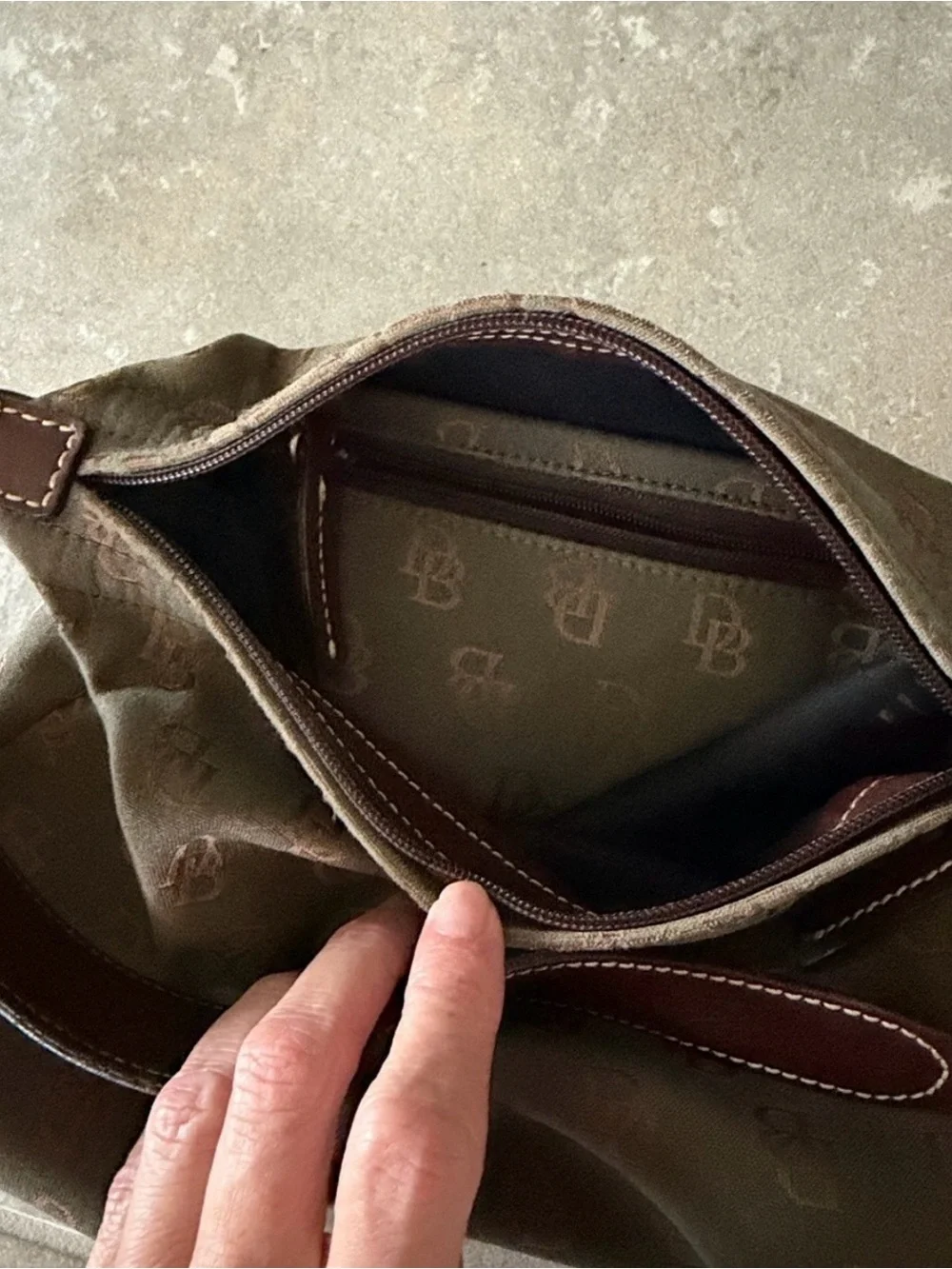 Vintage Dooney & Bourke Olive Monogram Hobo with Brown Leather Strap